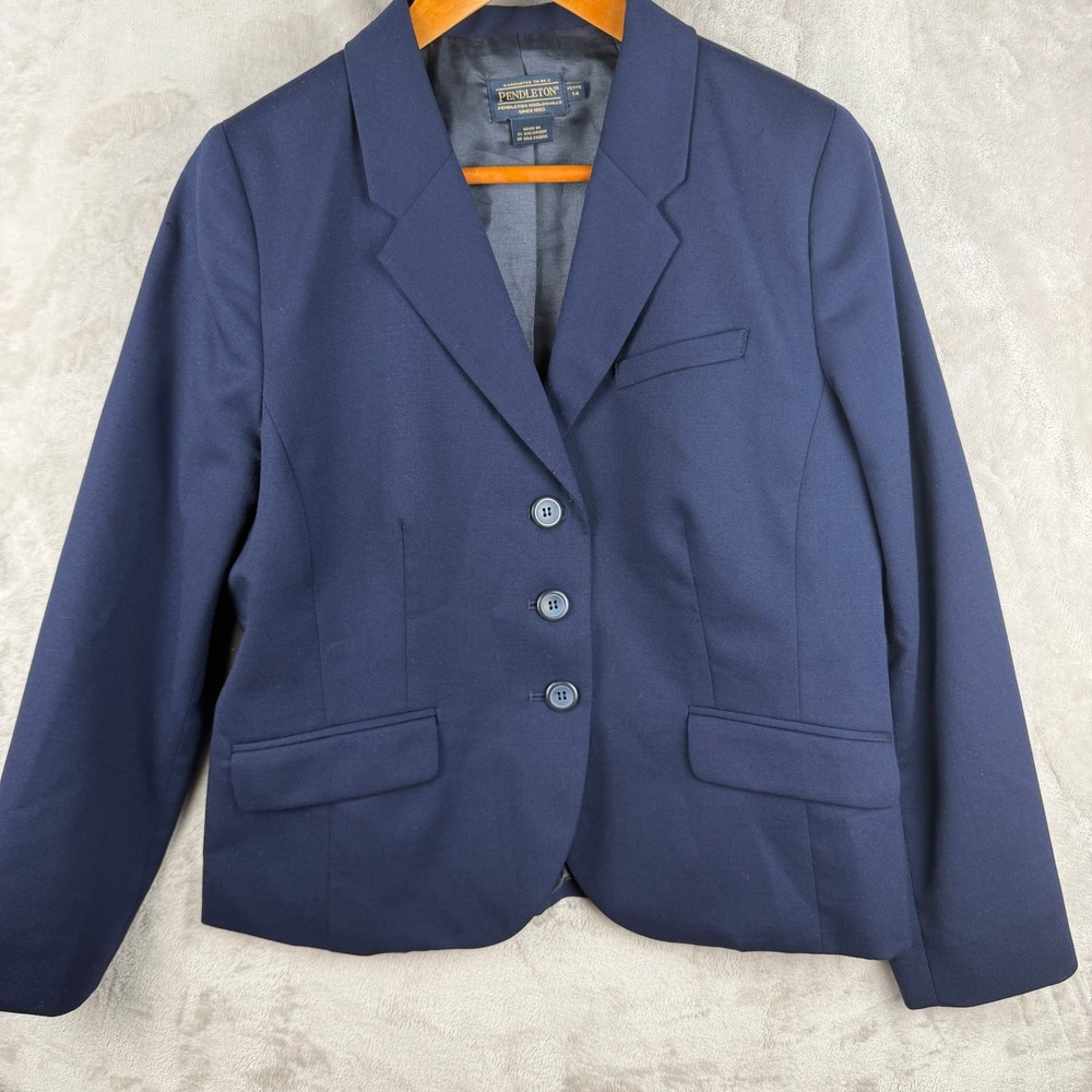 Pendleton Navy Blue Wool 3-Button Blazer Jacket Womens Petite 14 Professional